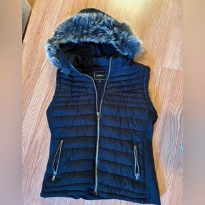 Women's Black Puffer Vest with Faux Fur Hood